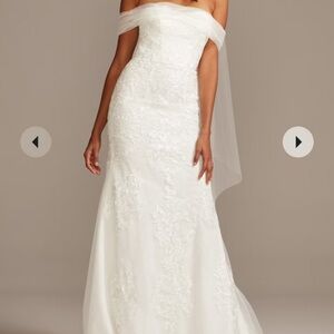 David’s Bridal Collection Tulle and Floral Off-the-Shoulder White Wedding Dress
